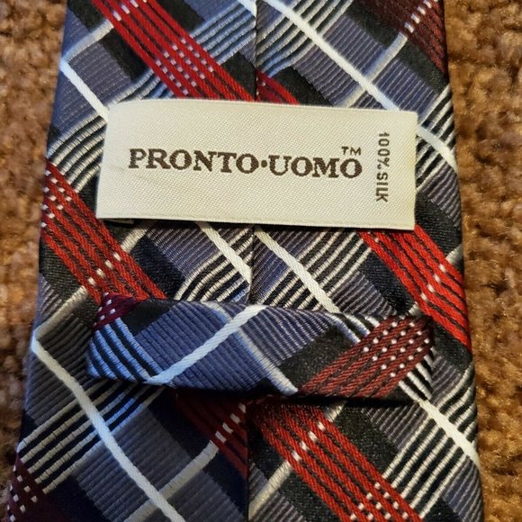 Pronto Uomo 100% Silk Tie Mens Necktie Red Blue White Diagonal Stripe - Picture 2 of 3